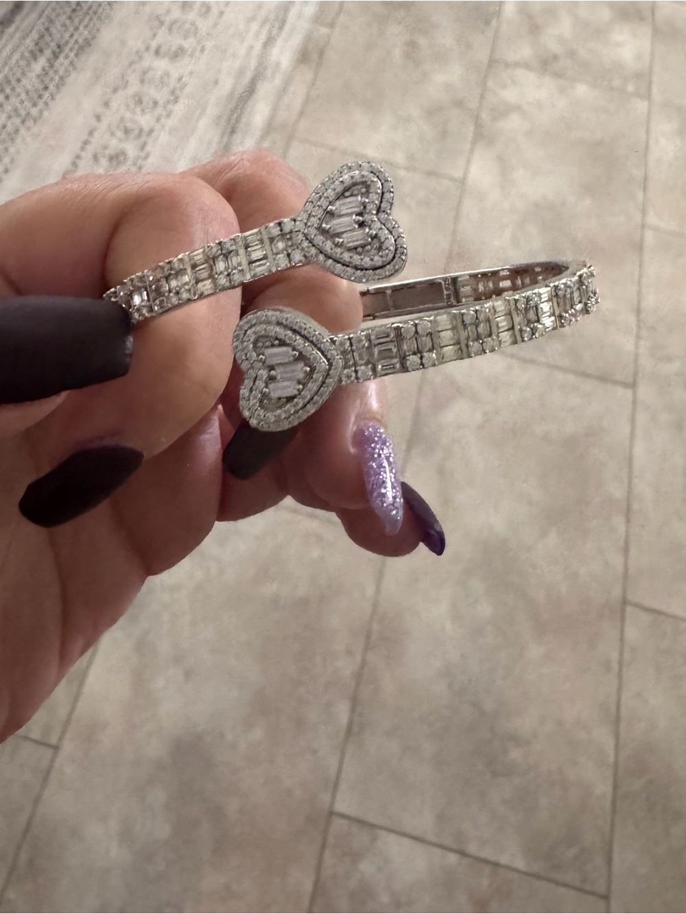 Crystal Heart Hinged Bangle Bracelet - Silver Tone